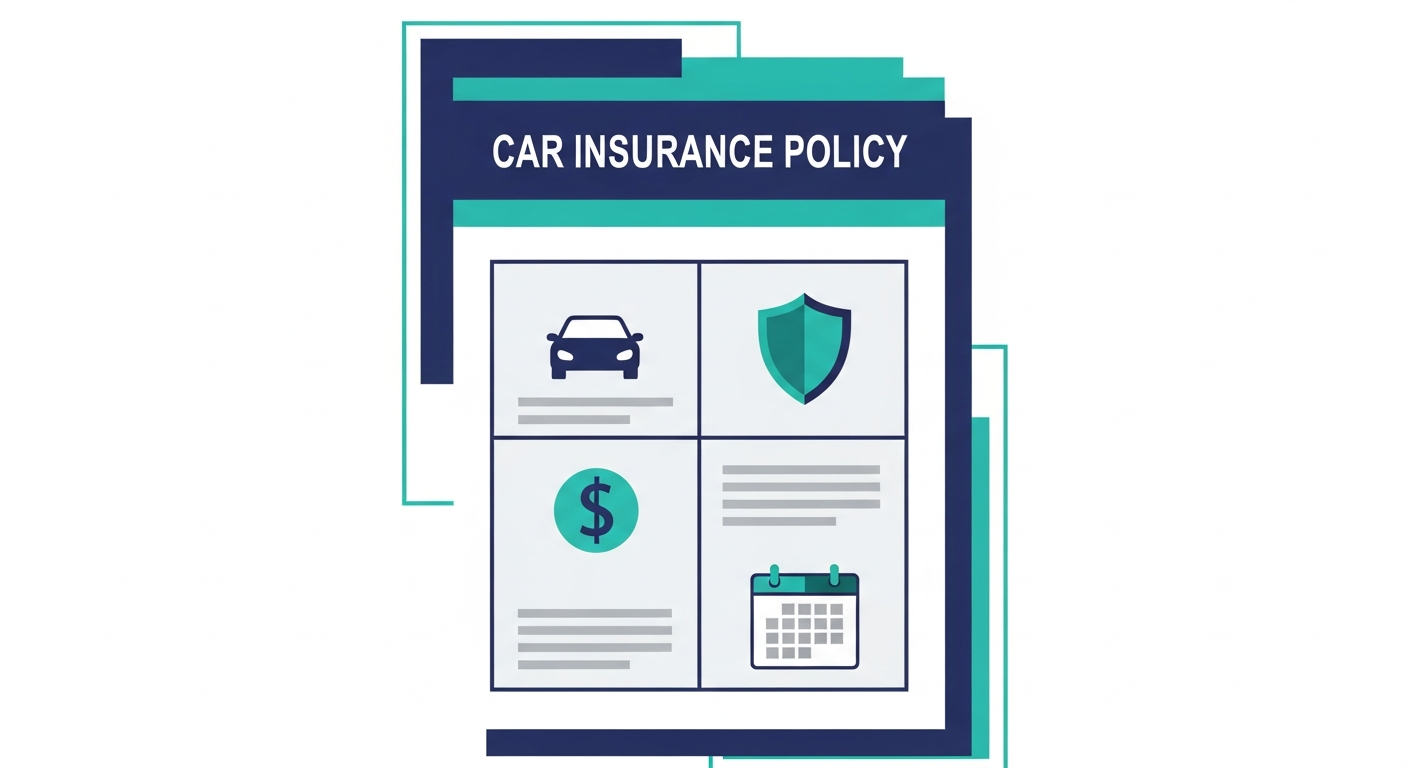 Diagram showing the key components of a car insurance policy declarations page including coverage types, vehicle, limits, and premium